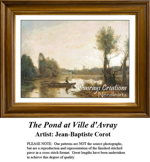 A man rows a small boat on a calm pond surrounded by trees, depicted in a counted cross stitch pattern ready for your next cross stitch project.