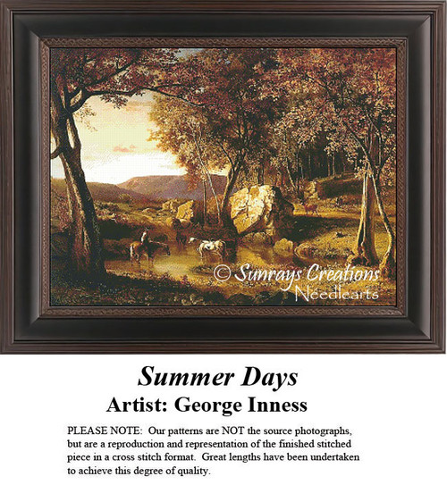 A landscape features horsemen by a serene pond, surrounded by trees with autumn hues, designed as a large counted cross stitch by George Inness.