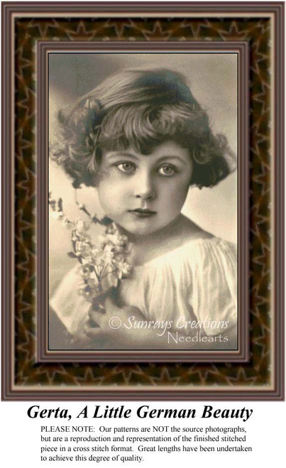 A young girl with curly hair gazes softly, holding a sprig of flowers close to her chest in this counted cross stitch design.
