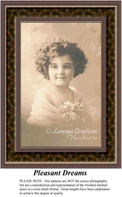 A young girl with brown curls smiles dreamily while holding a bouquet of ice pink flowers in this sepia cross stitch kit.