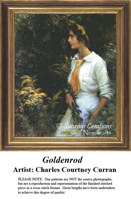 A young woman with dark hair stands in dense brush, dressed in white with a yellow scarf, in this xstitch pattern by Charles Courtney Curran.