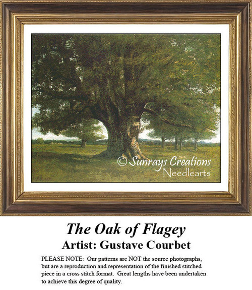 A massive oak tree stands prominently with dense branches and a sturdy trunk, waiting as your next cross stitch project inspired by Gustave Courbet.