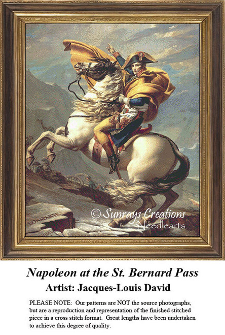A heroic commander rides a spirited horse through rugged terrain, come to life as a counted cross stitch design by artist Jacques-Louis David.