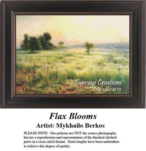 A serene field with flax blooms swaying under sunlight, bordered by a trio of trees, designed as a digital pattern by Mykhailo Berkos.