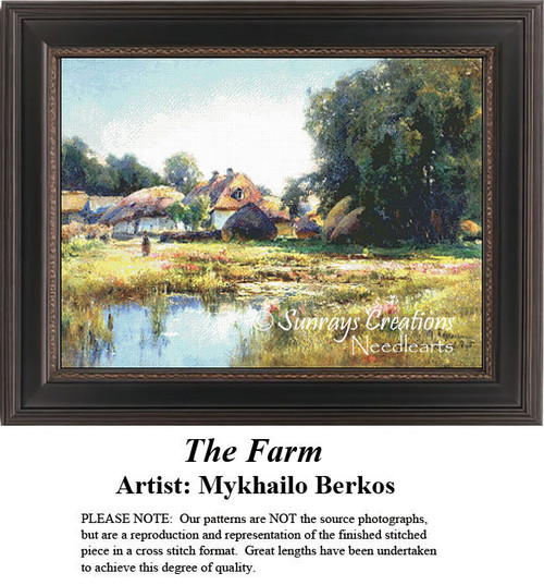 A serene landscape with thatched cottages by a river, designed as a digital file from Mykhailo Berkos's work in the Impressionist style.