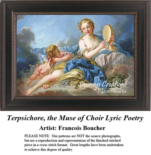 A woman with a tambourine reclines beside a cherubic figure, offered as a counted cross stitch pattern by artist Francois Boucher.