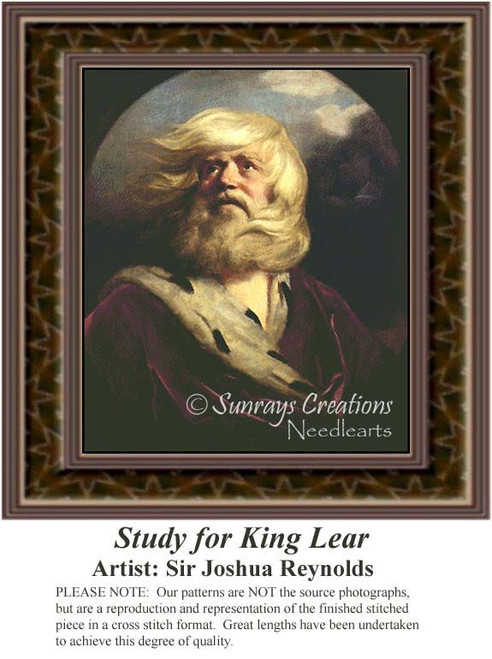 A bearded man gazes upward, draped in deep purple robes, set against a dramatic sky in this cross stitch project by Sir Joshua Reynolds.