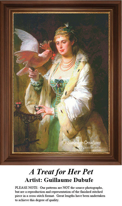 A woman in elegant attire feeds a pet bird cherries, designed as a counted cross stitch pattern from the artwork of Guillaume Dubufe.