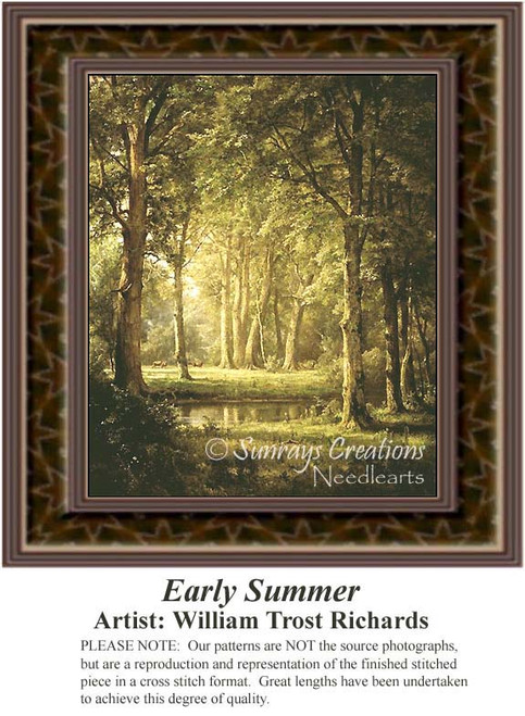 A serene landscape with tall trees reflecting in a tranquil pond, designed as a counted cross stitch chart by William Trost Richards.