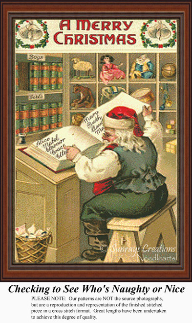 Santa sits at his desk, checking a long list of names to see who has been naughty or nice, come to life as a counted cross stitch design.
