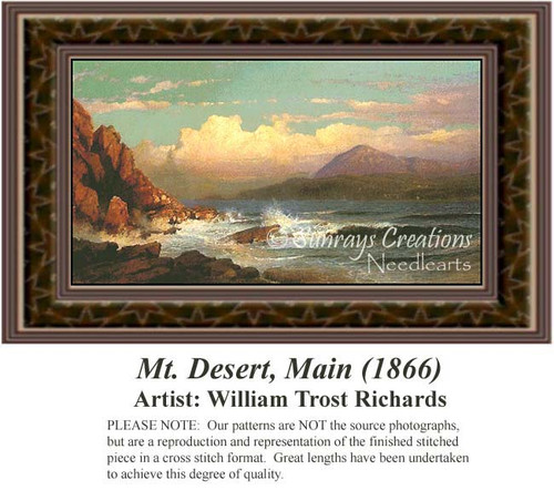 Rocky cliffs meet the crashing waves under a pastel sky, yours to stitch as a counted cross stitch chart by artist William Trost Richards.