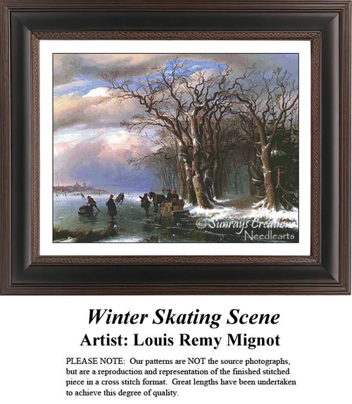 A lively scene of skaters on a frozen river, with a horse-drawn sleigh beneath frost-covered trees, designed as a xstitch kit by Louis Remy Mignot.