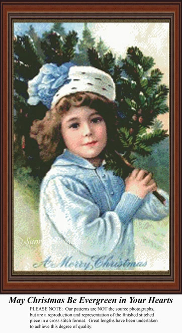 A young girl carries a small tree over her shoulder while wearing a blue winter hat and jacket, captured as a counted cross stitch pattern.
