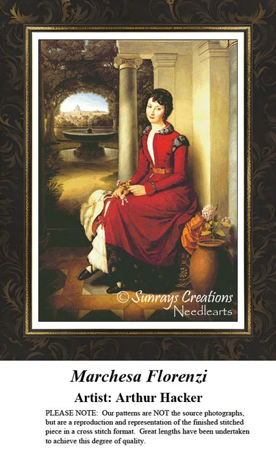 A woman sits elegantly in a red dress beside a column and a fountain, yours to stitch as a counted cross stitch chart.