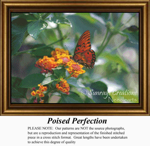 A vibrant butterfly rests on clusters of orange and red flowers, captured as a counted cross stitch pattern.