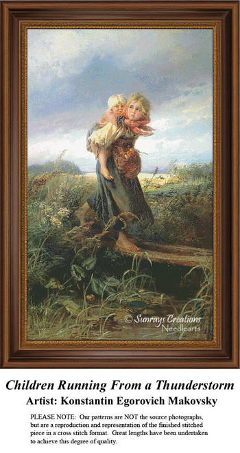 Two children flee from an approaching storm, with the older child carrying her sibling on her back, reimagined as a counted cross stitch pattern.