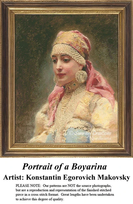 A young woman in opulent attire and adorned with jewels, available as a counted cross stitch pattern by Konstantin Egorovich Makovsky.