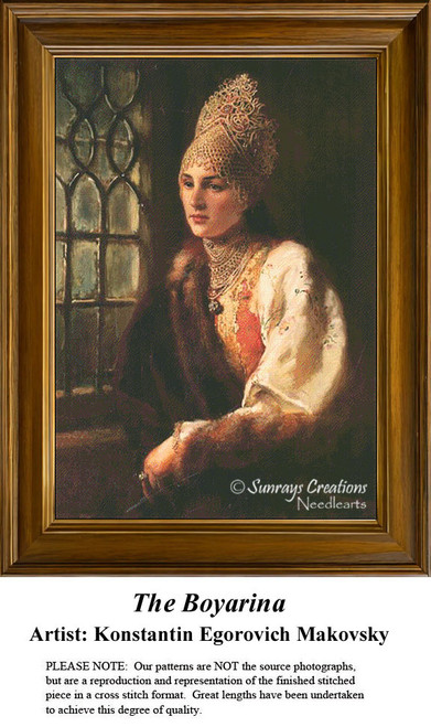 A young Russian woman of high rank sits by a window, transformed into a counted cross stitch pattern inspired by Konstantin Egorovich Makovsky.