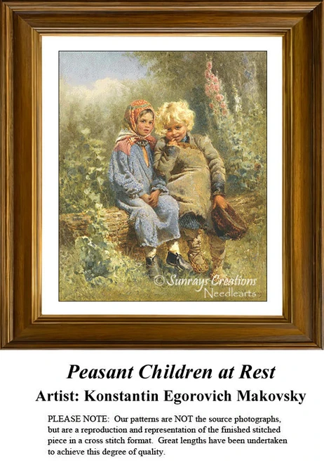 Two peasant children sitting on a log in a lush, green setting, created as a cross stitch chart from Konstantin Makovsky's charming artwork.