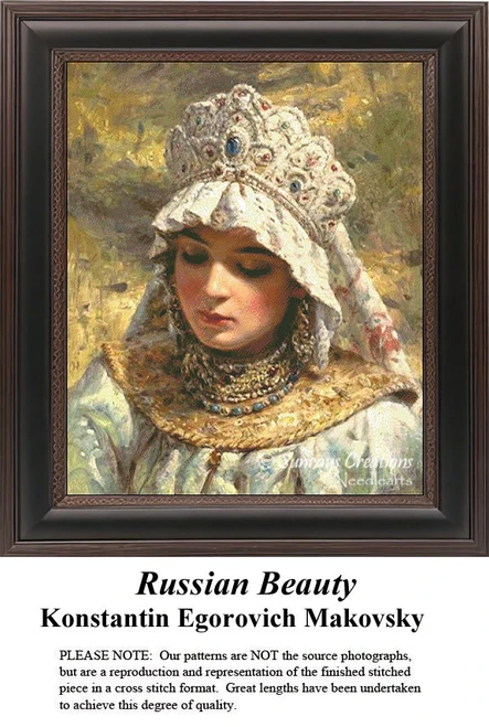 A young Russian woman in a jeweled headdress, transformed into a counted cross stitch pattern, reflecting the work of Konstantin Egorovich Makovsky.