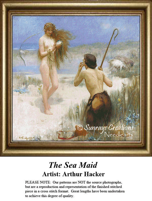 A semi-nude young woman walks on a sandy shore, approaching a shepherd with a seashell in this xstitch design by Arthur Hacker.