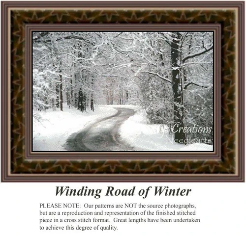 A winding road curves through a snowy forest, with branches laden with snow, transformed into a counted cross stitch pattern.