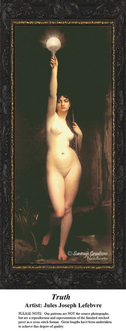 A nude woman confidently stands, holding a golden mirror that reflects light, in this BAP cross stitch pattern by Jules Joseph Lefebvre.