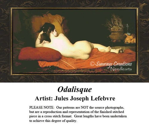 A nude courtesan reclines on a plush surface, depicted in a counted cross stitch pattern by Jules Joseph Lefebvre. Perfect for your next cross stitch.