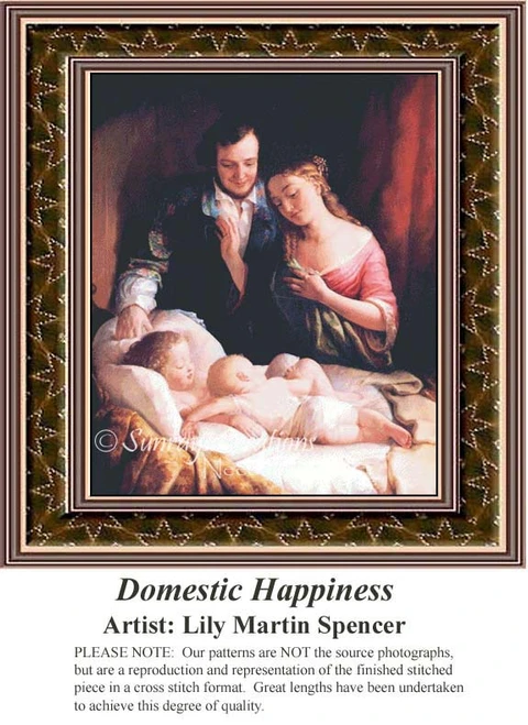 A family gathered around sleeping infants, stitched as a counted cross stitch pattern by Lily Martin Spencer from the 19th century.