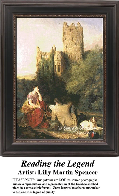 A detailed counted cross-stitch pattern preview of Lilly Martin Spencer's Antebellum painting, "Reading the Legend." The atmospheric design features figures gathered in a dimly lit room reading a story, illuminated by warm candlelight and soft moonlight streaming through the window.