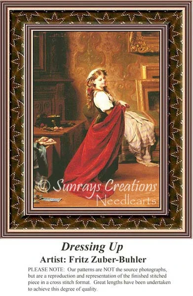 A young girl stands gracefully in a room, wearing a flowing red dress, yours as a counted cross stitch kit.