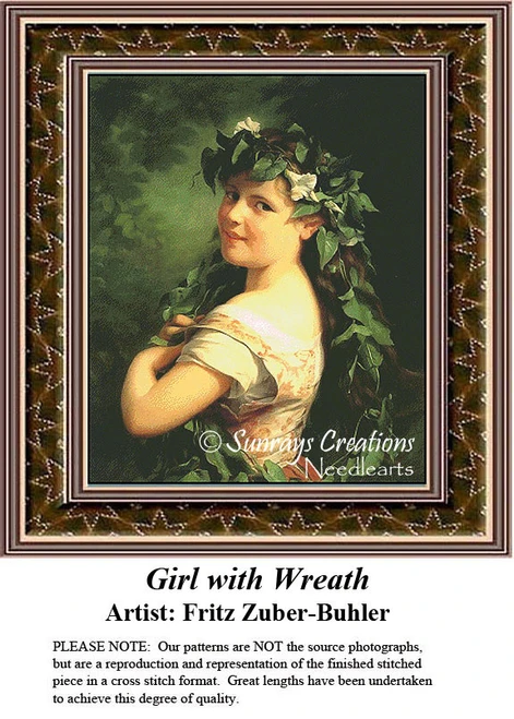 A young girl in a work dress poses with a wreath of green leaves and white flowers, rendered as a cross stitch chart by Fritz Zuber-Buhler.
