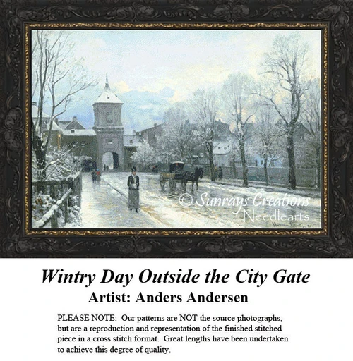 A winter scene with people walking outside a city gate, trees covered in snow, designed as a PDF chart from a painting by Anders Andersen.