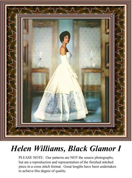 A model in a sophisticated off-the-shoulder gown stands elegantly, showcased in this digital pattern for cross stitch enthusiasts.