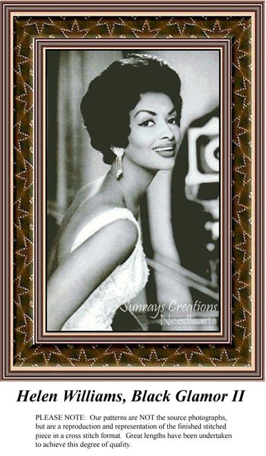 A stylish woman with dark hair and a confident smile, wearing a light-colored outfit, featured in the "Helen Williams, Black Glamor II" digital file.