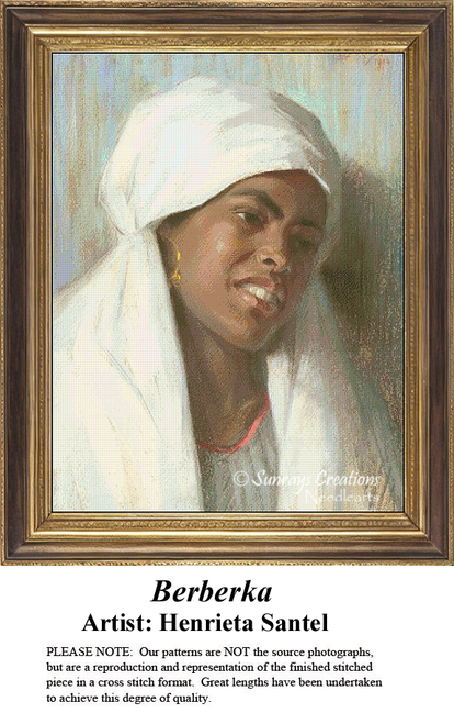 A detailed counted cross-stitch pattern preview of Henrika (Henrieta) Šantel's 1914 pastel masterpiece, "Berberka." The artistic design showcases a warm, beautifully detailed portrait of a woman in traditional attire, rendered with soft lighting, earthy tones, and realistic, expressive features.