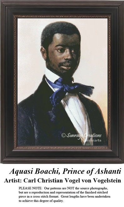 A detailed counted cross-stitch pattern preview of Carl Christian Vogel von Vogelstein's painting, "Aquasi Boachi, Prince of Ashanti." The 19th-century German Romantic portrait design depicts the young prince in formal European dress, capturing noble dignity against a warm, sunlit background.