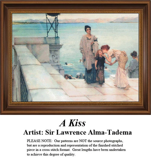 A little girl receives a kiss on the cheek from a woman, witnessed by another, yours to stitch as a counted cross stitch chart.