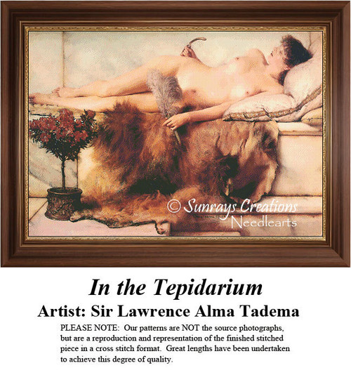 A woman relaxes on a couch in a spa-like setting with flowers nearby, designed as a cross stitch chart from Sir Lawrence Alma-Tadema's artwork.