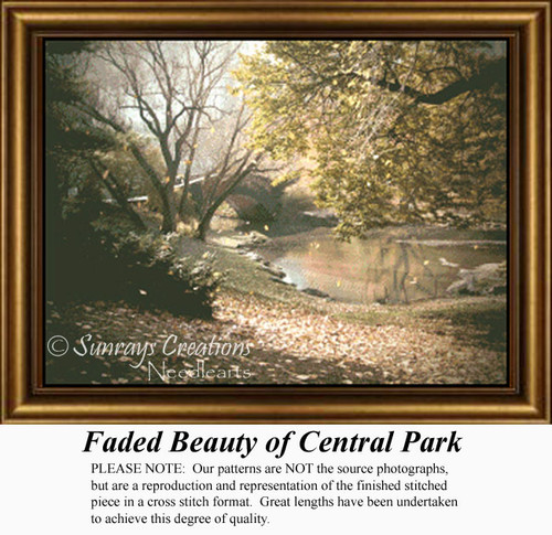 A serene autumn scene in Central Park with softly shaded trees and a winding brook, available as a downloadable pattern for your cross stitch project.