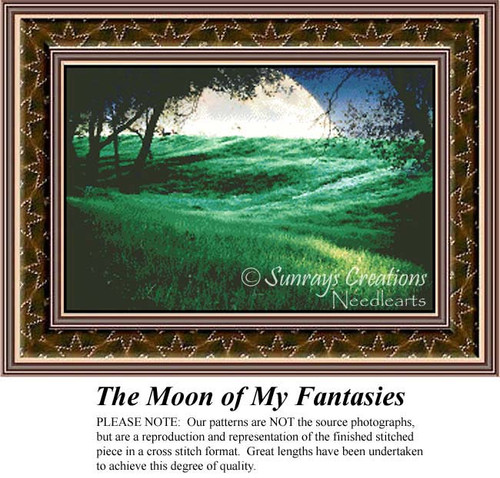 A large moon rises over a grassy landscape under midnight blue skies, featured in this cross stitch project titled The Moon of My Fantasies.