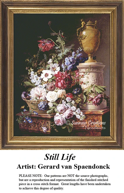A detailed counted cross-stitch pattern preview of Gerard van Spaendonck's classical painting, "Still Life." The lavish design showcases an abundant bouquet of spring flowers and ripe fruit arranged gracefully in a softly lit studio setting.