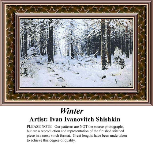 A snowy forest scene by Ivan Ivanovitch Shishkin, designed as an xstitch chart, features tall trees blanketed in white against a gray sky.