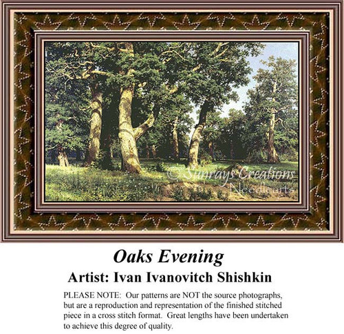 A serene landscape of oak trees under evening light, recreated in an xstitch design by Ivan Ivanovitch Shishkin from Sunrays Creations.