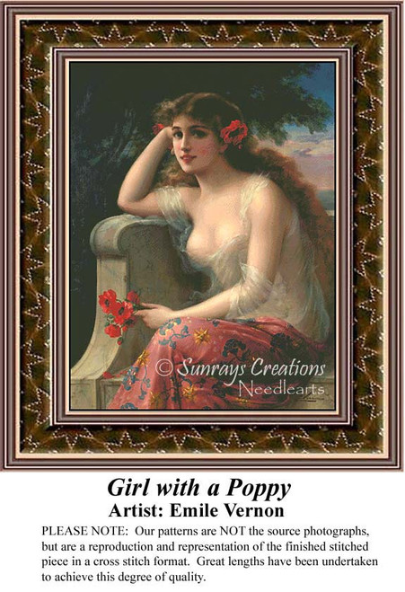 A woman with flowing hair, wearing a floral dress and a red flower, rests her arm on a stone ledge in this printable pattern by Emile Vernon.