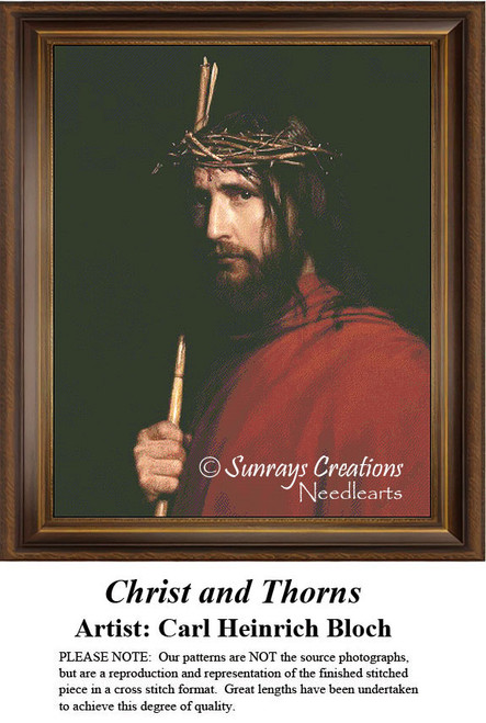A profile of Christ wearing a crown of thorns, holding a staff, designed as a downloadable pattern from Carl Heinrich Bloch's artwork.