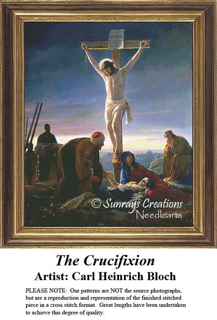 Jesus is depicted on the cross surrounded by mourners, yours to stitch as a counted cross stitch chart from artist Carl Heinrich Bloch.