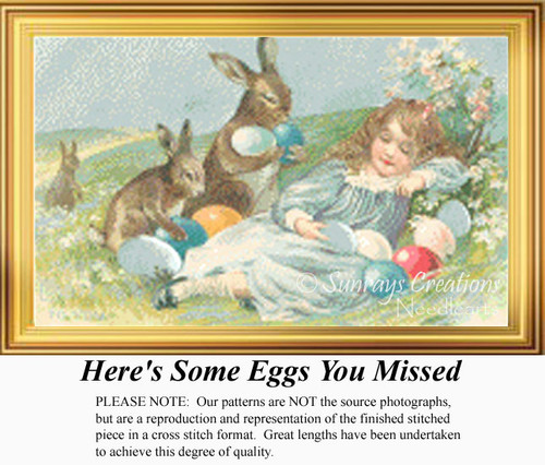 A young girl lies on a grassy hill admiring colorful Easter eggs while two rabbits bring more eggs to her in this charming cross stitch project.