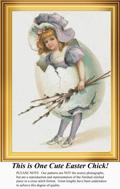 A girl with blonde hair and a hat stands inside a cracked Easter egg, captured as a counted cross stitch pattern.