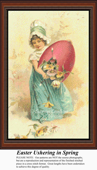 A young girl in a spring bonnet stands holding a large red Easter egg with flowers at her feet, designed as a counted cross stitch kit.
